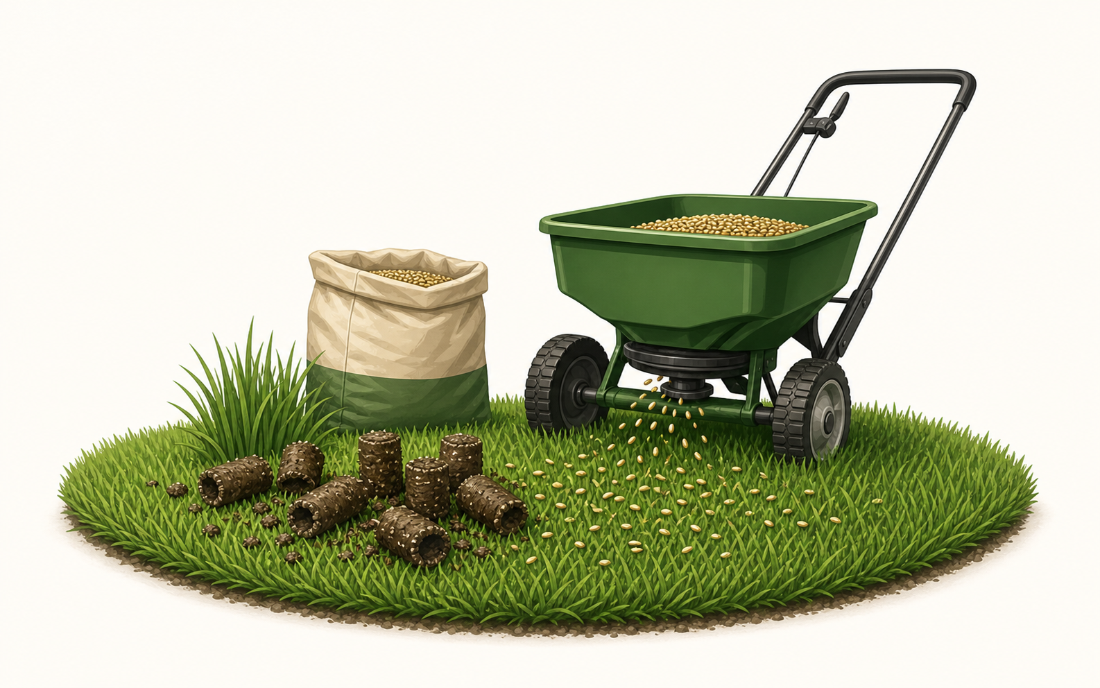 Aeration plugs and grass seed on a lawn