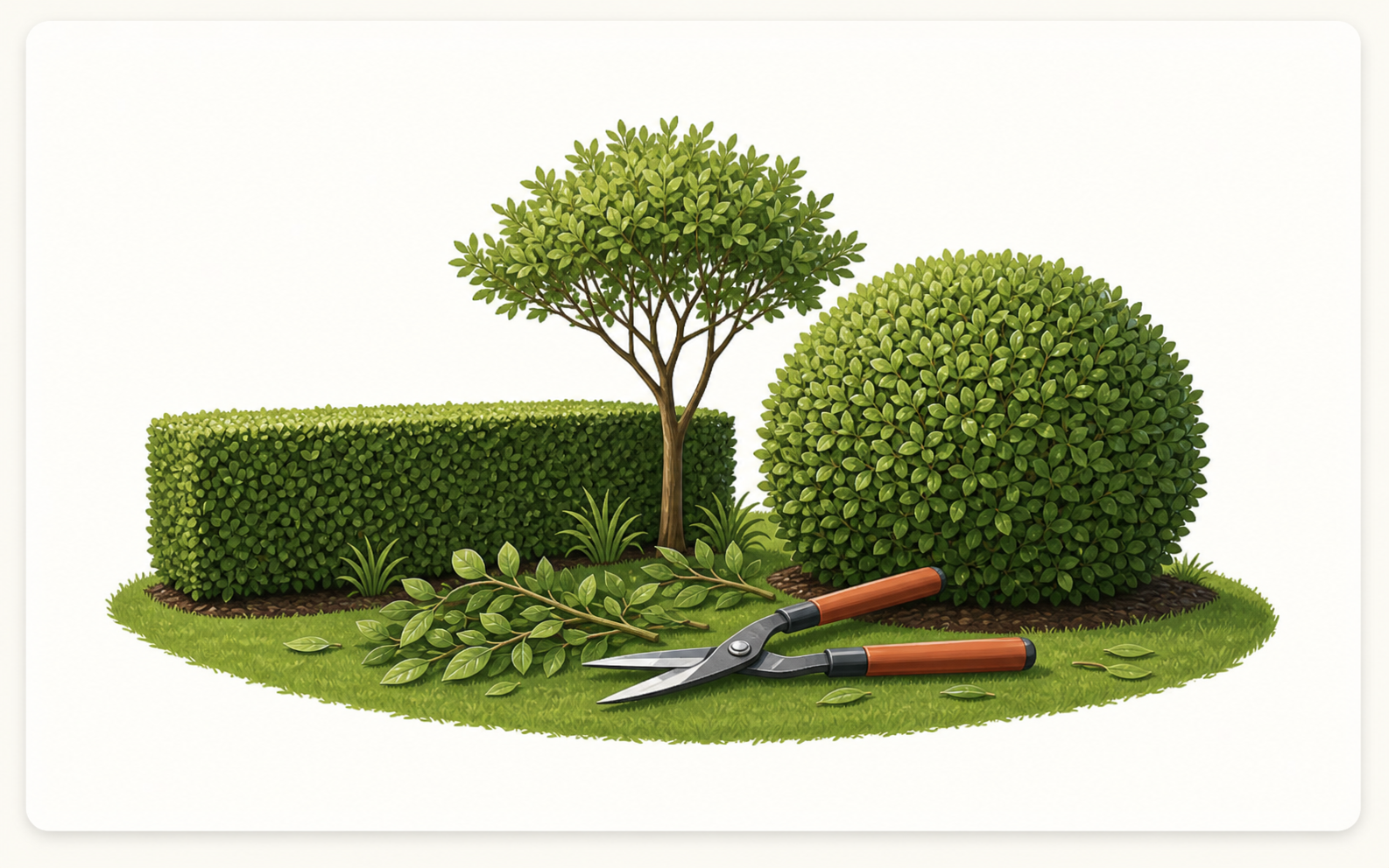 Trimmed shrub and pruning tools
